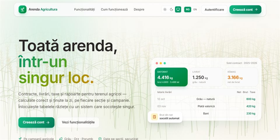 Pagina de prezentare Arenda Agricultura: „Toată arenda, într-un singur loc”, cu soldul unui contract și istoricul livrărilor