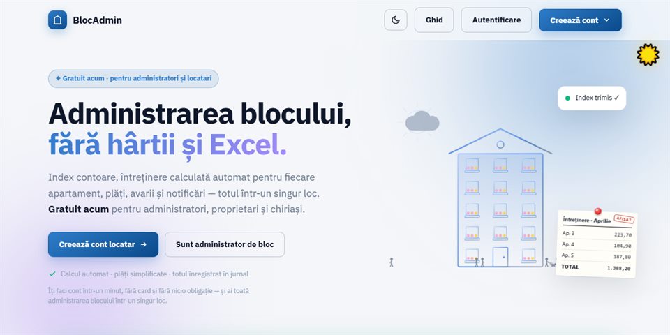 Pagina de prezentare BlocAdmin: „Administrarea blocului, fără hârtii și Excel”, cu ilustrația unui bloc și lista de întreținere pe apartamente